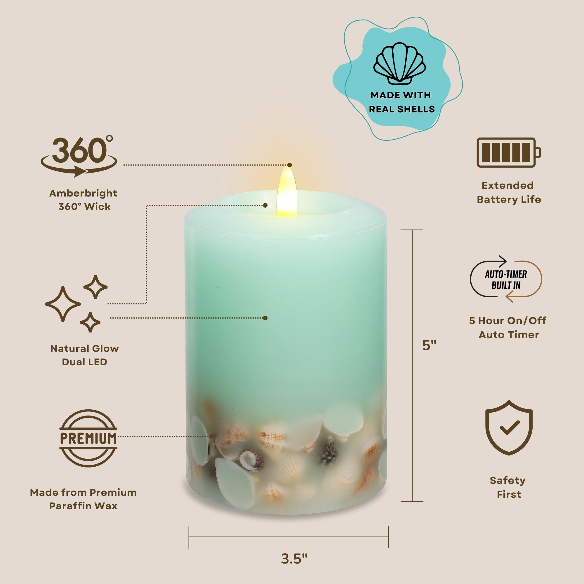 Signature Coastal Sea Foam Green Flameless Pillar Candles with Seashell Embed