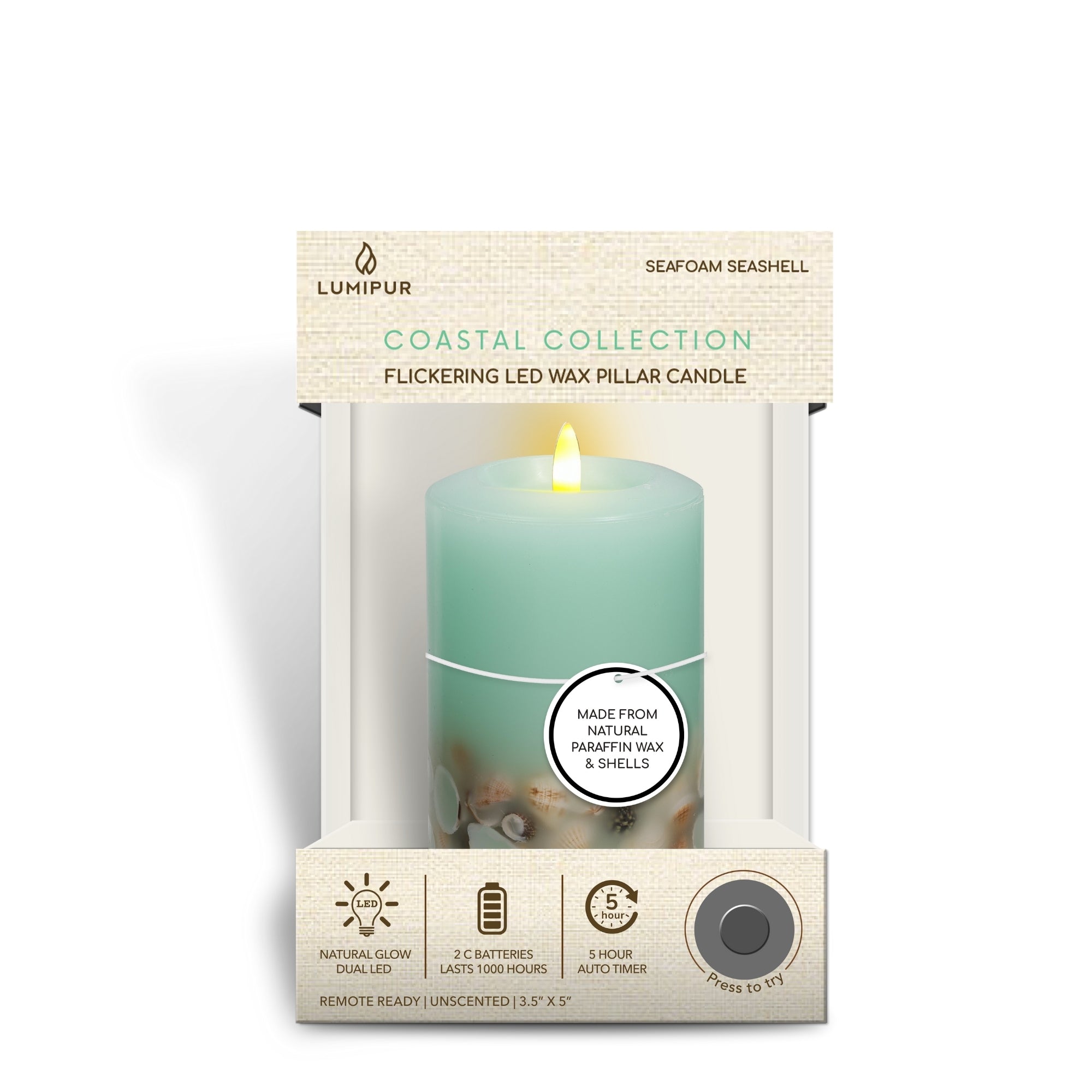 Signature Coastal Sea Foam Green Flameless Pillar Candles with Seashell Embed