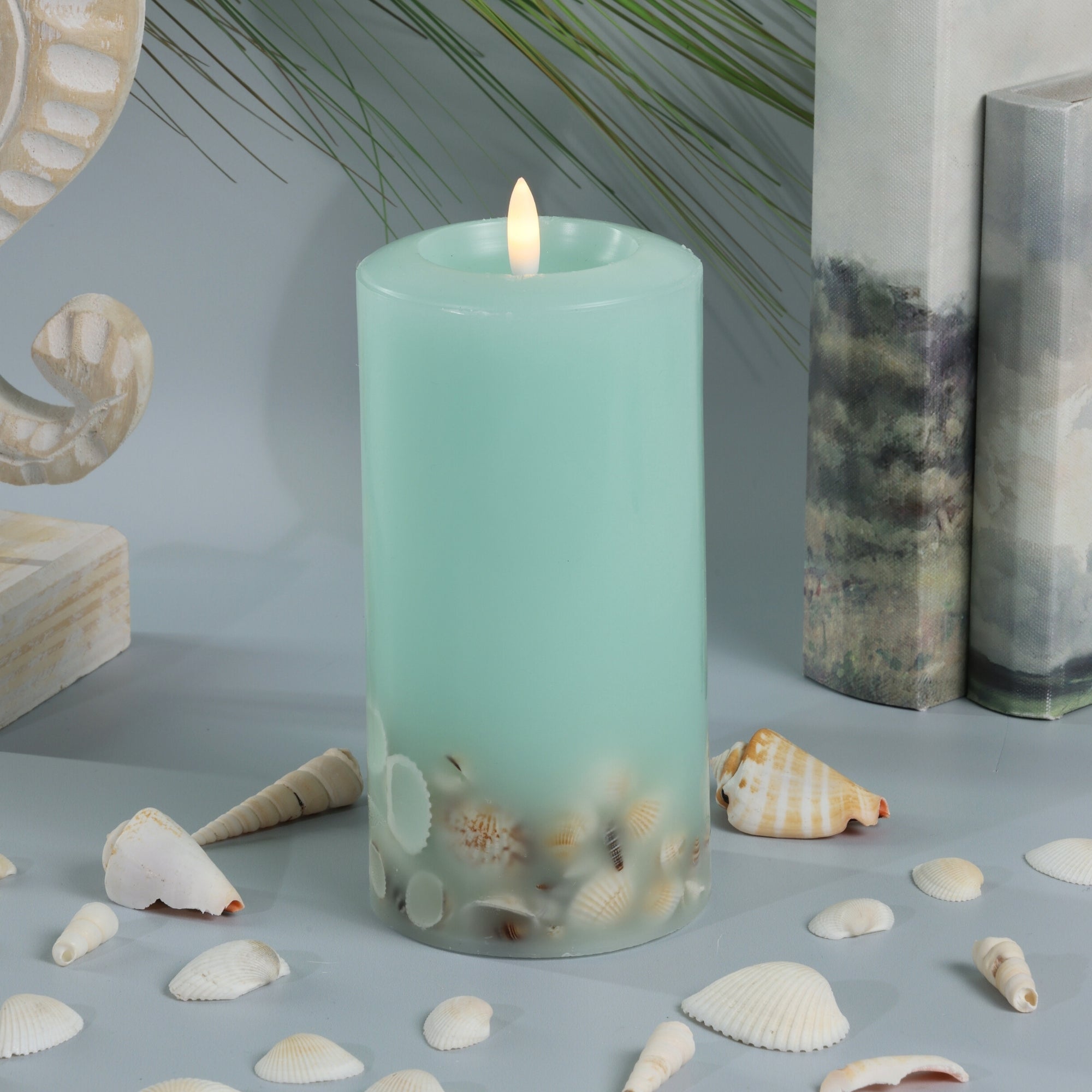 Signature Coastal Sea Foam Green Flameless Pillar Candles with Seashell Embed