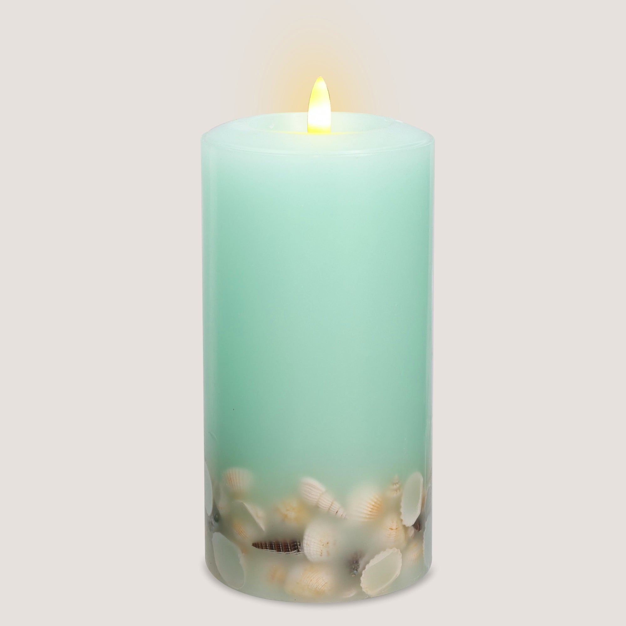 Signature Coastal Sea Foam Green Flameless Pillar Candles with Seashell Embed