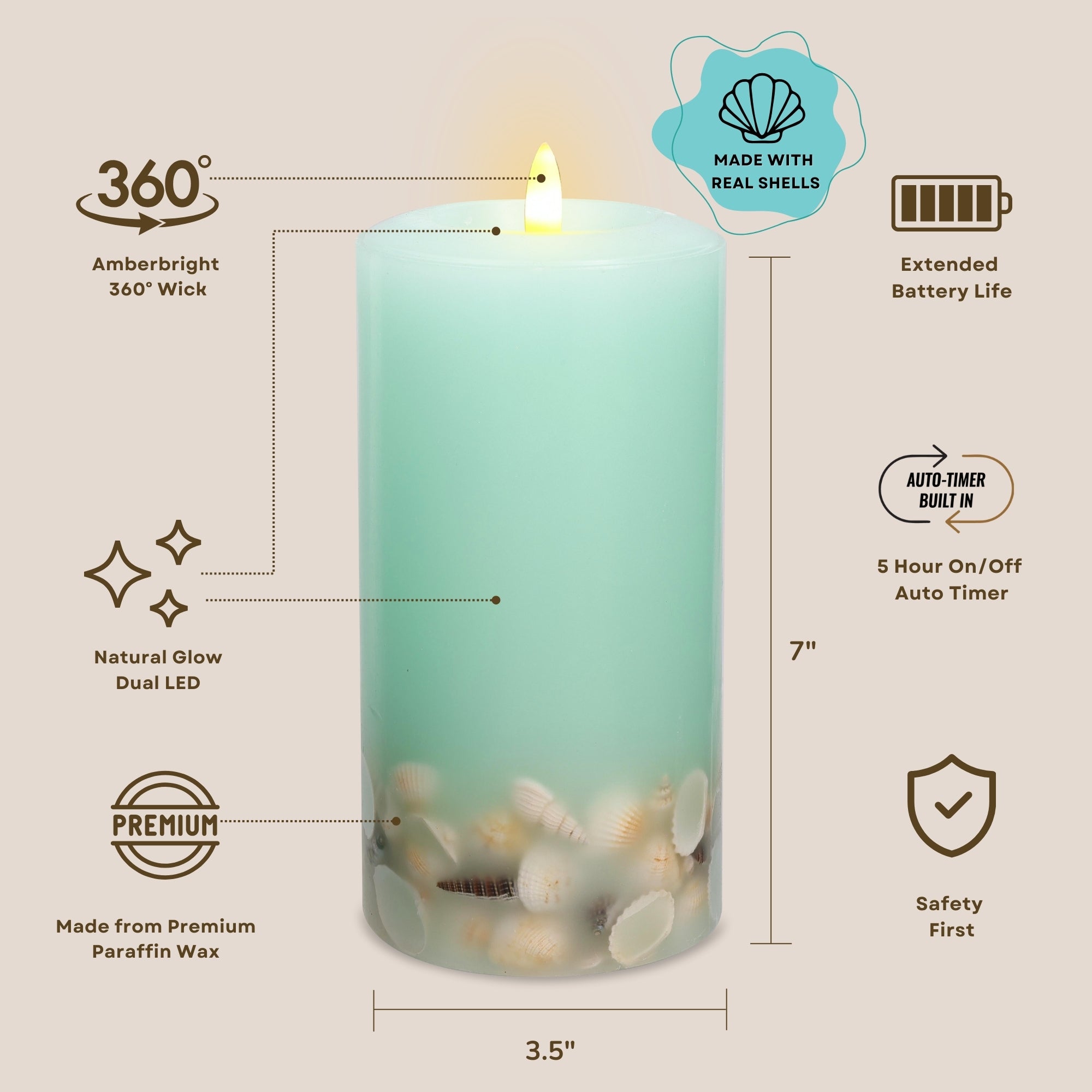 Signature Coastal Sea Foam Green Flameless Pillar Candles with Seashell Embed