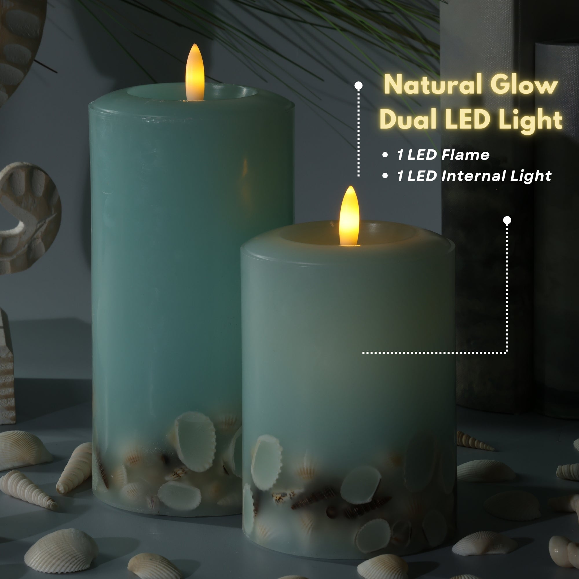 Signature Coastal Sea Foam Green Flameless Pillar Candles with Seashell Embed