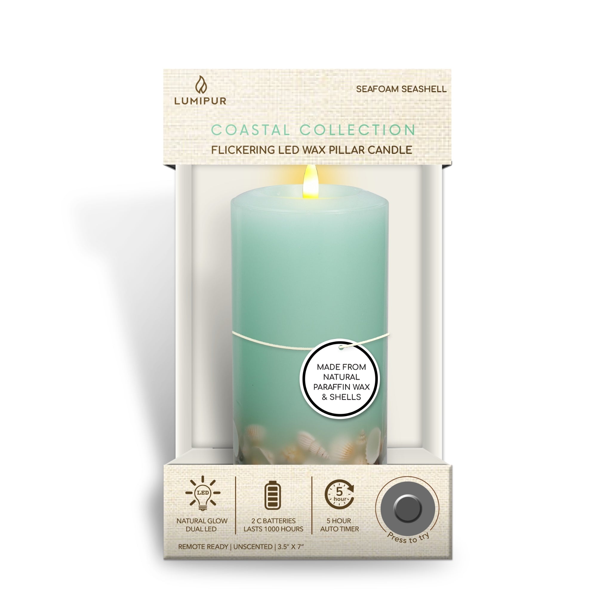Signature Coastal Sea Foam Green Flameless Pillar Candles with Seashell Embed
