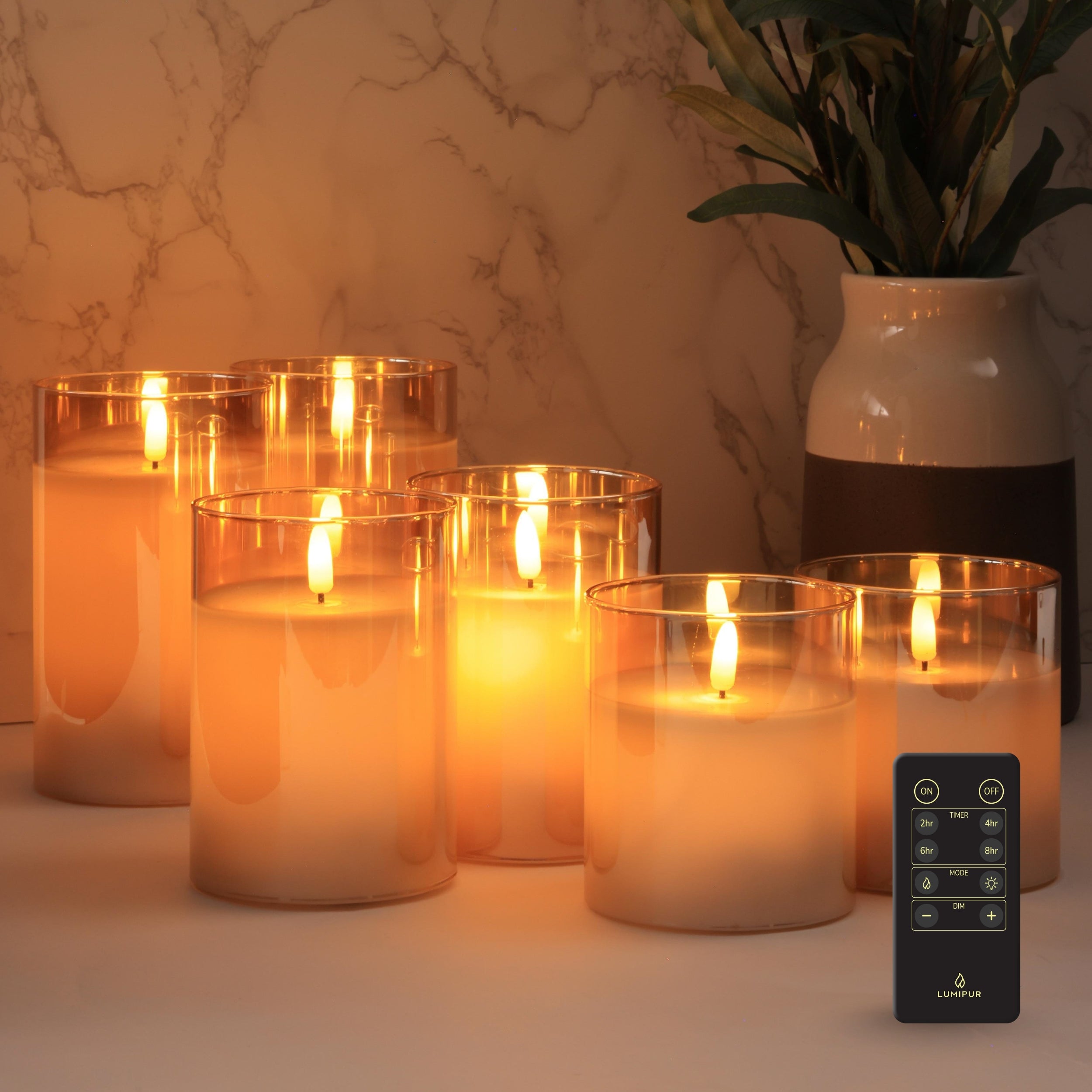 Premium Design Glass Gold Flameless Pillar Candles Set